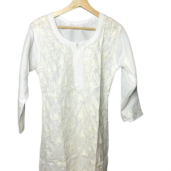 Womens Kurta Floral Long Sleeve Embroidered Blouse V Neck u Longline Shirt Tunic - Picture 2 of 7